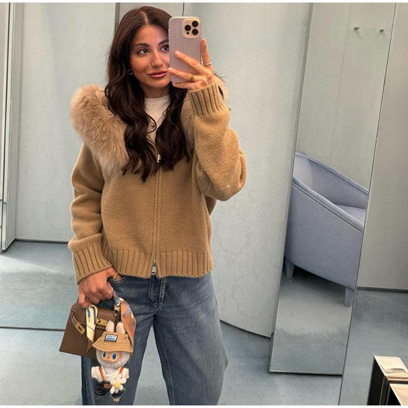 Long-sleeved Fur Collar Hooded Sweater Autumn and Winter Inner and Outer Wear Dual-purpose Ladies Solid Color Zipper Blouse Slim Knit Ladies Cardigan