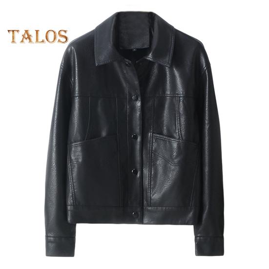 

Женская куртка из искусственной кожи с гладкой поверхностью, отложным воротником, однобортная, с длинными рукавами, карманами, ретро-пальто для мотоцикла, для офиса, для поездок на работу и путешествий XXXL чёрный