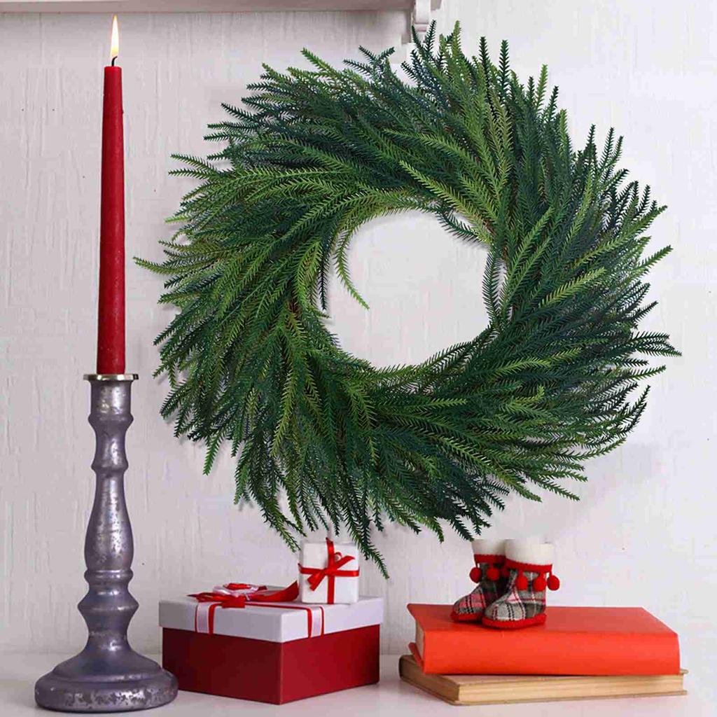 Artificial Pine Needle Wreath Faux Xmas Green Pine Hanging Wreath for Front Door Home Decor