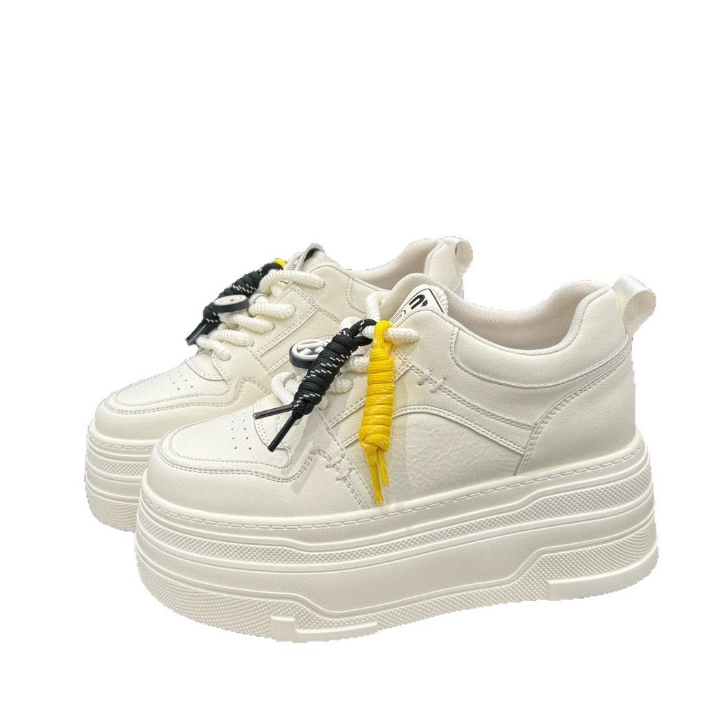 Leather platform white shoes women's 2025 autumn new round head versatile lace-up heightening women's shoes casual sports board shoes