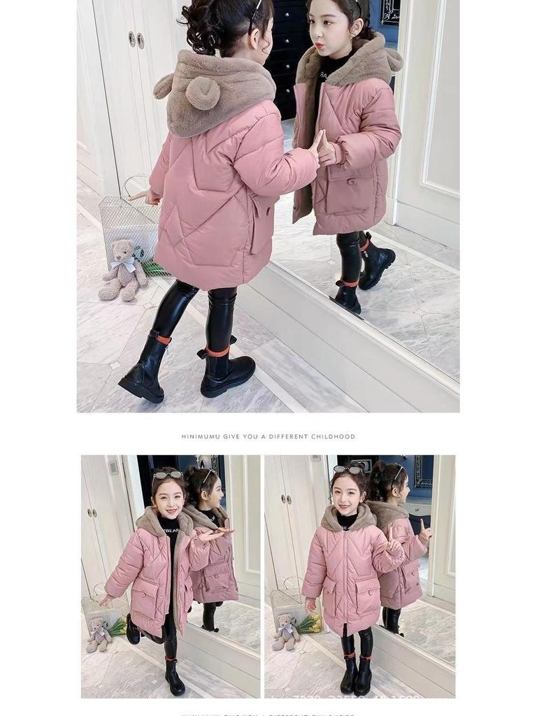 2025 Girls' Mid-Length Velvet-Lined Winter Jacket - Stylish Down-Cotton Coat