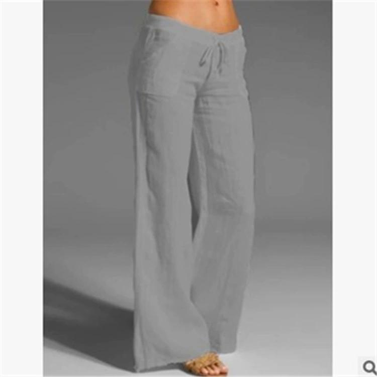 Women Cotton Linen Pants Solid Color Beach Pants Elastic High Waist Wide Leg Yoga Pants