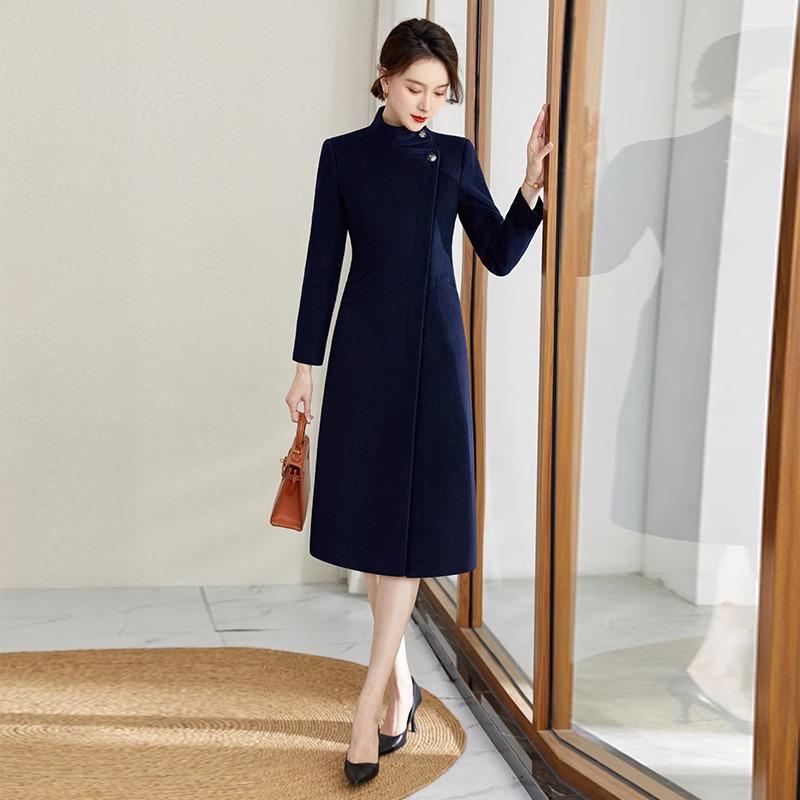 Women's Professional Wool Winter Work Coat - Mid-Length Air Hostess Overcoat