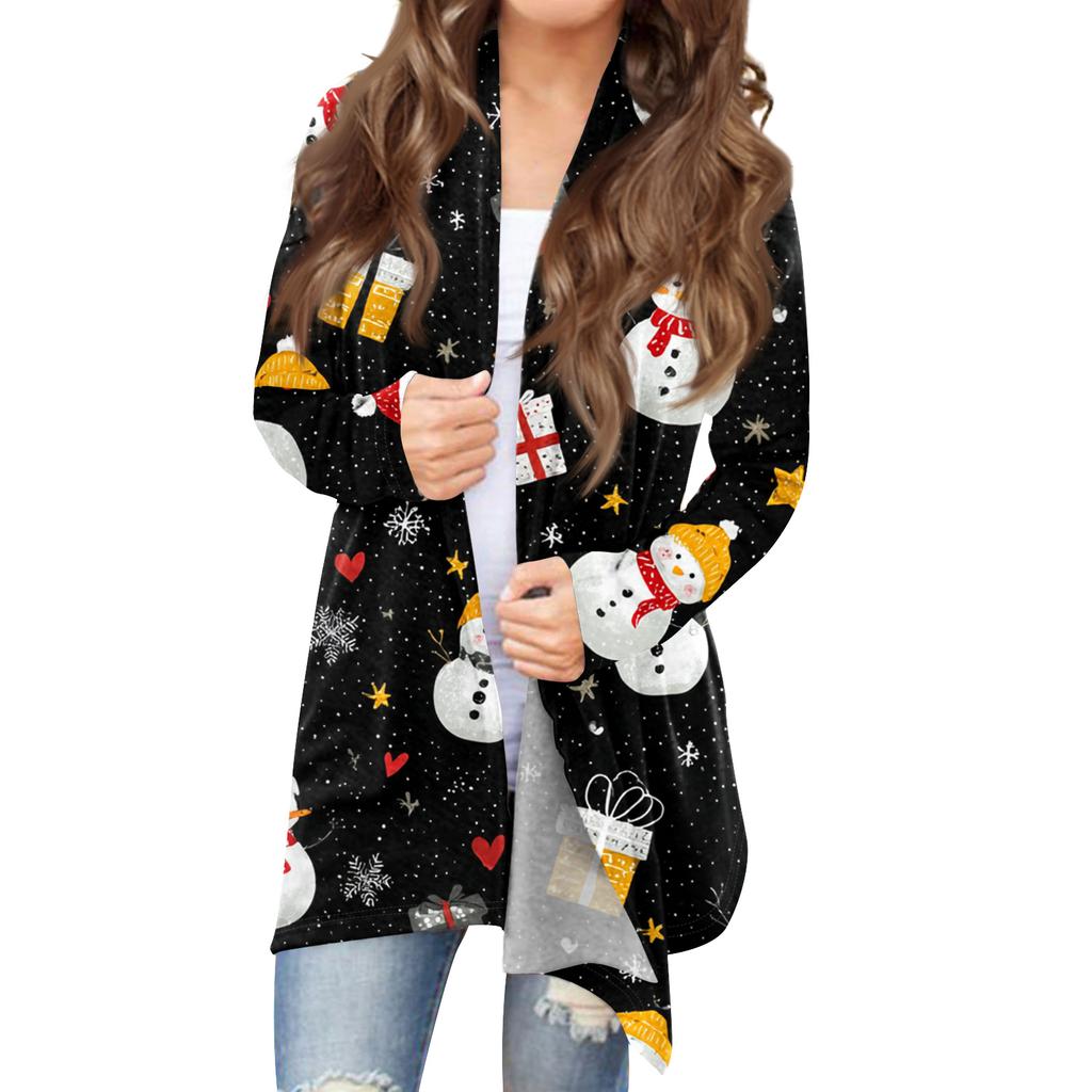 Women's Fashionable Loose-Fit Casual Cardigan With Christmas Print Mid-Length Coat