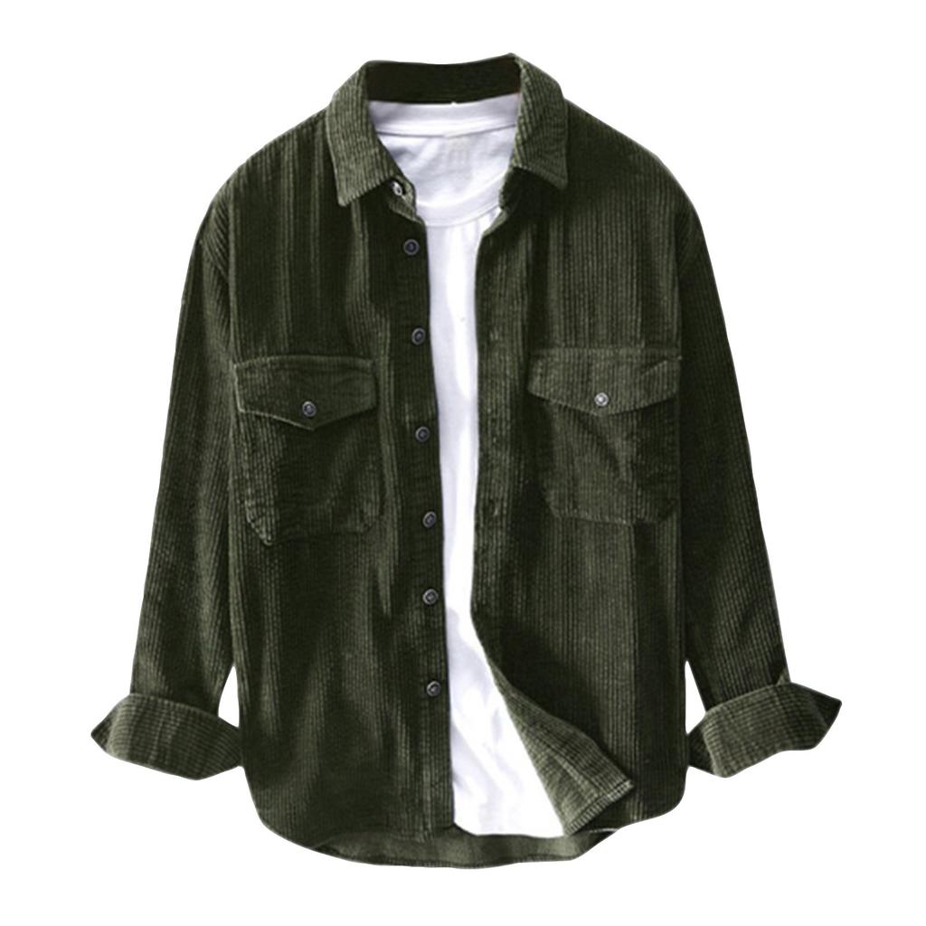Men's Striped Corduroy Casual Loose Button Lapel Pocket Long Sleeve Shirt