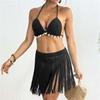 Womens Hand Crocheted Two Piece Bikini Set Shell Patchwork Tie Fringe Skirt Stylish Elegant Beachwear For Summer Vacation