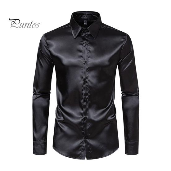 

Мужская рубашка с глянцевой поверхностью из атласа, однотонная, с отложным воротником, на пуговицах, средней длины, официальная деловая рубашка для вечеринок и клуба S чёрный