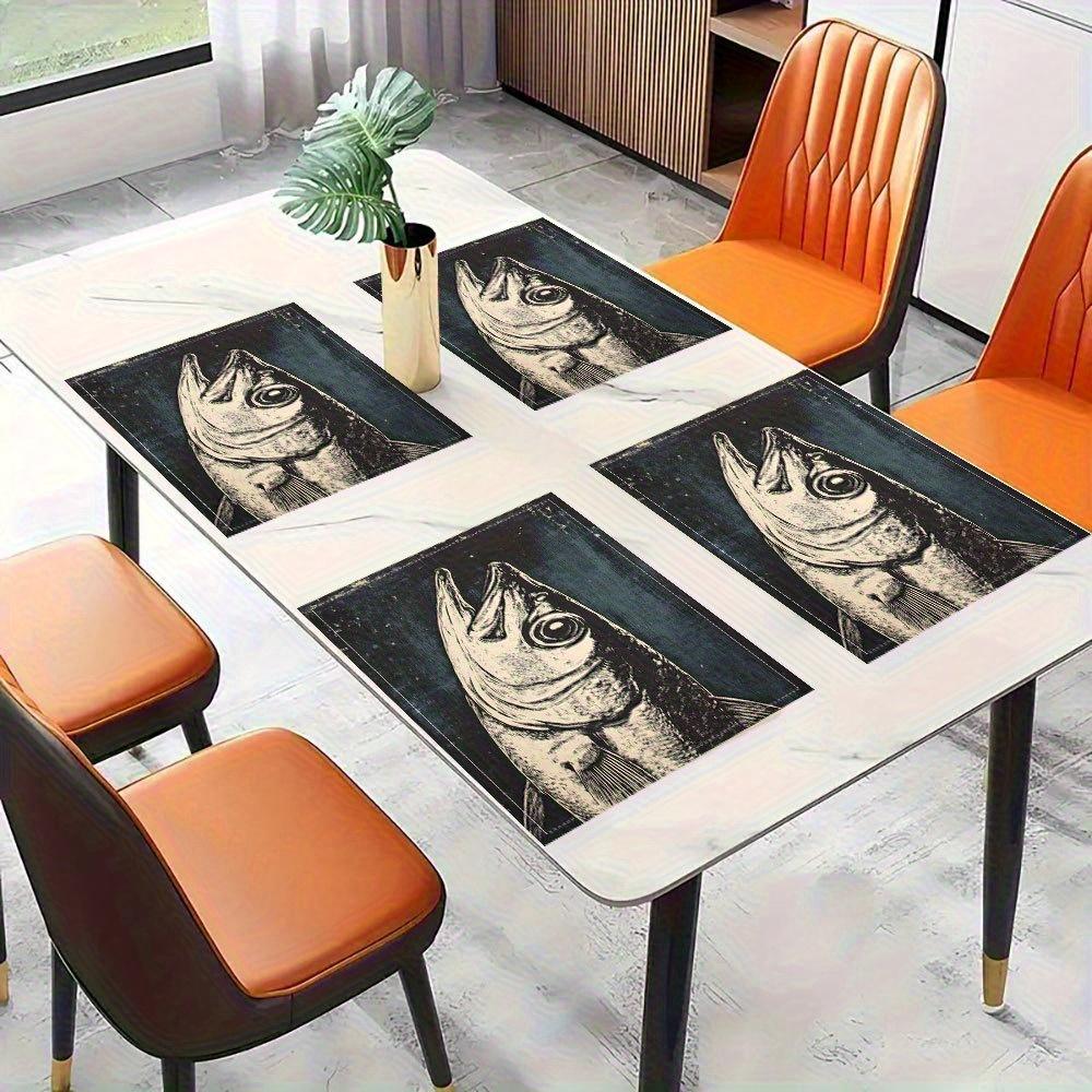 4pcs Linen Placemat Set, Fish Pattern Placemat Combination Placemats 12X18 Inches, Suitable for Kitchen Restaurant Decoration, Home Gathering Party