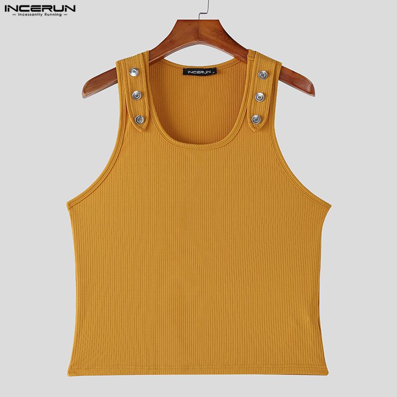 INCERUN Summer Men Sleeveless Strap Decorative Ribbed Casual Tank Tops