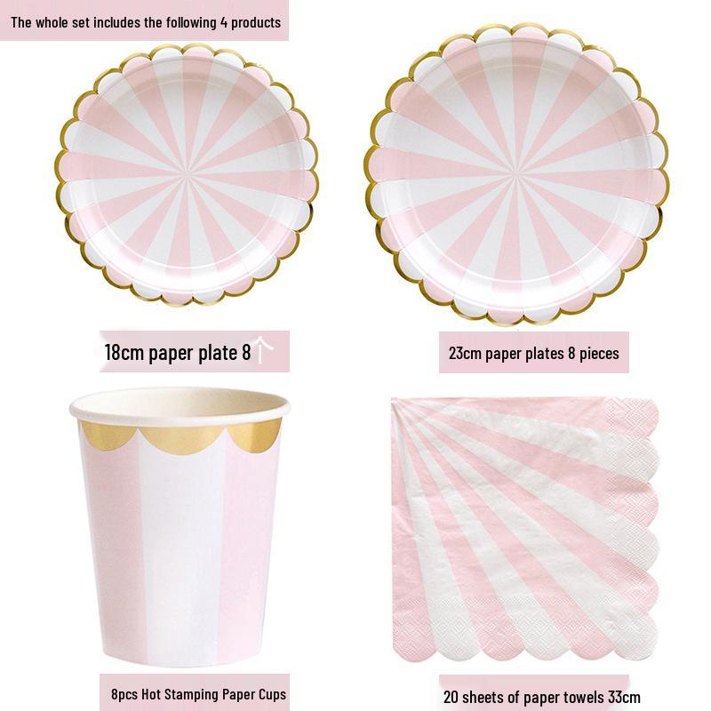 Pink Striped Paper Plate & Cup Set for European/American Afternoon Tea