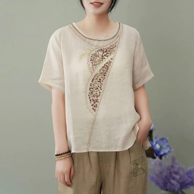 Blusa da Donna in Lino Beige Casual Ricamata Floreale Girocollo Manica Corta Top