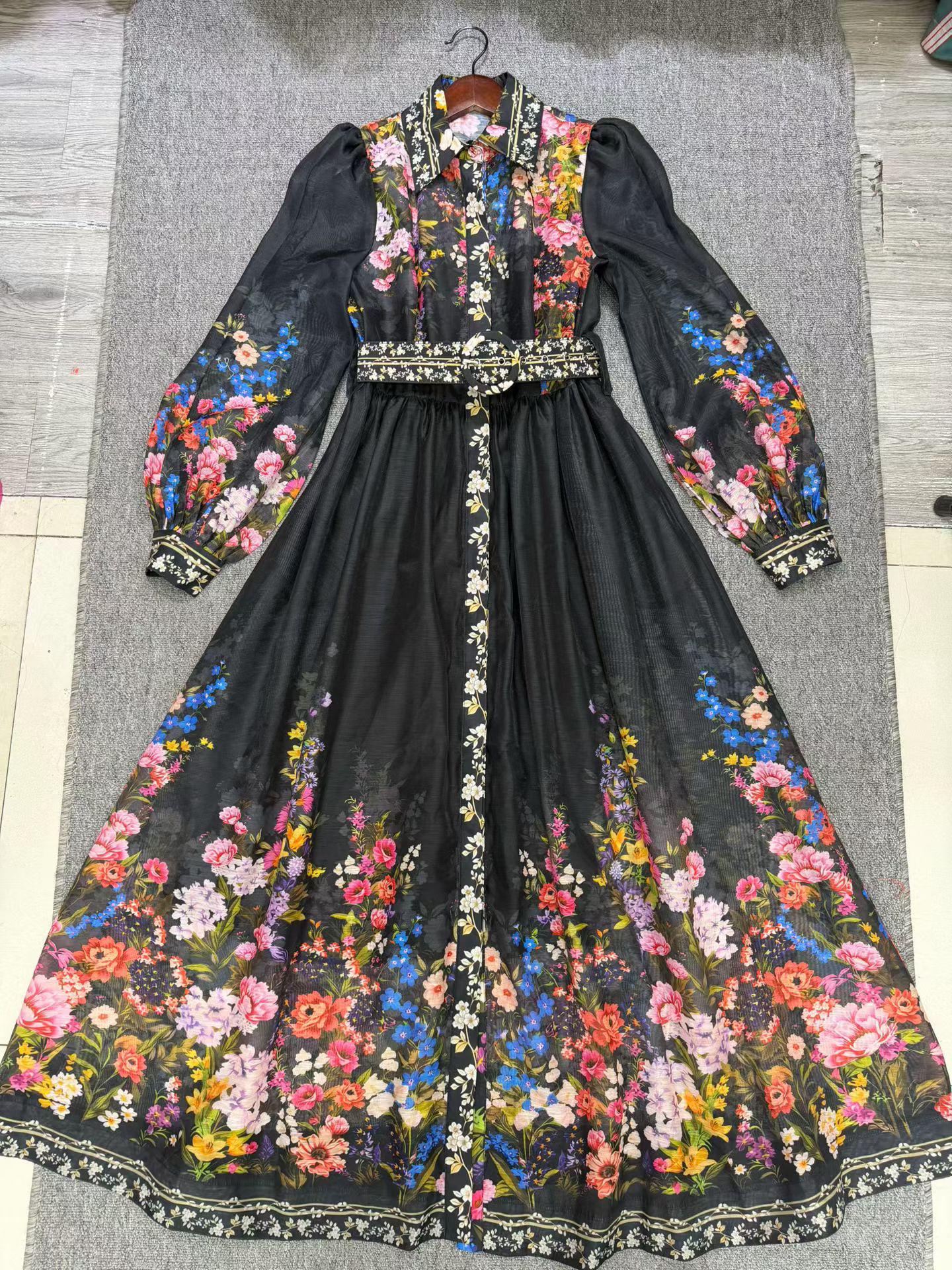 

Elegant Early Spring Resort Lapel Long Sleeve Wide Hem Printed Dress S