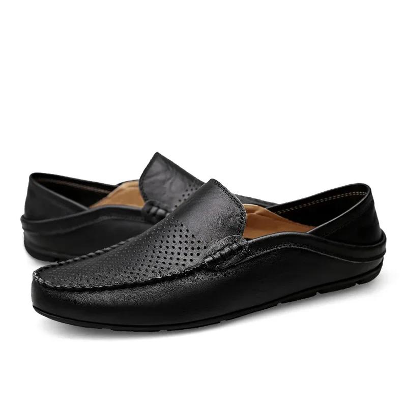 Italian Summer Hollow Shoes Men Casual Luxury Brand Genuine Leather Loafers Men Breathable Boat Shoes Slip On Moccasins