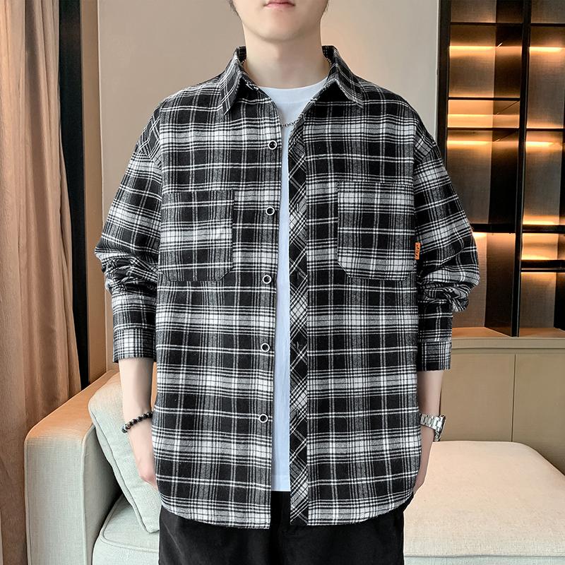 Spring and Autumn New Men's Sweatshirt Casual Versatile Youth Handsome Cardigan Plaid Long Sleeve Shirt