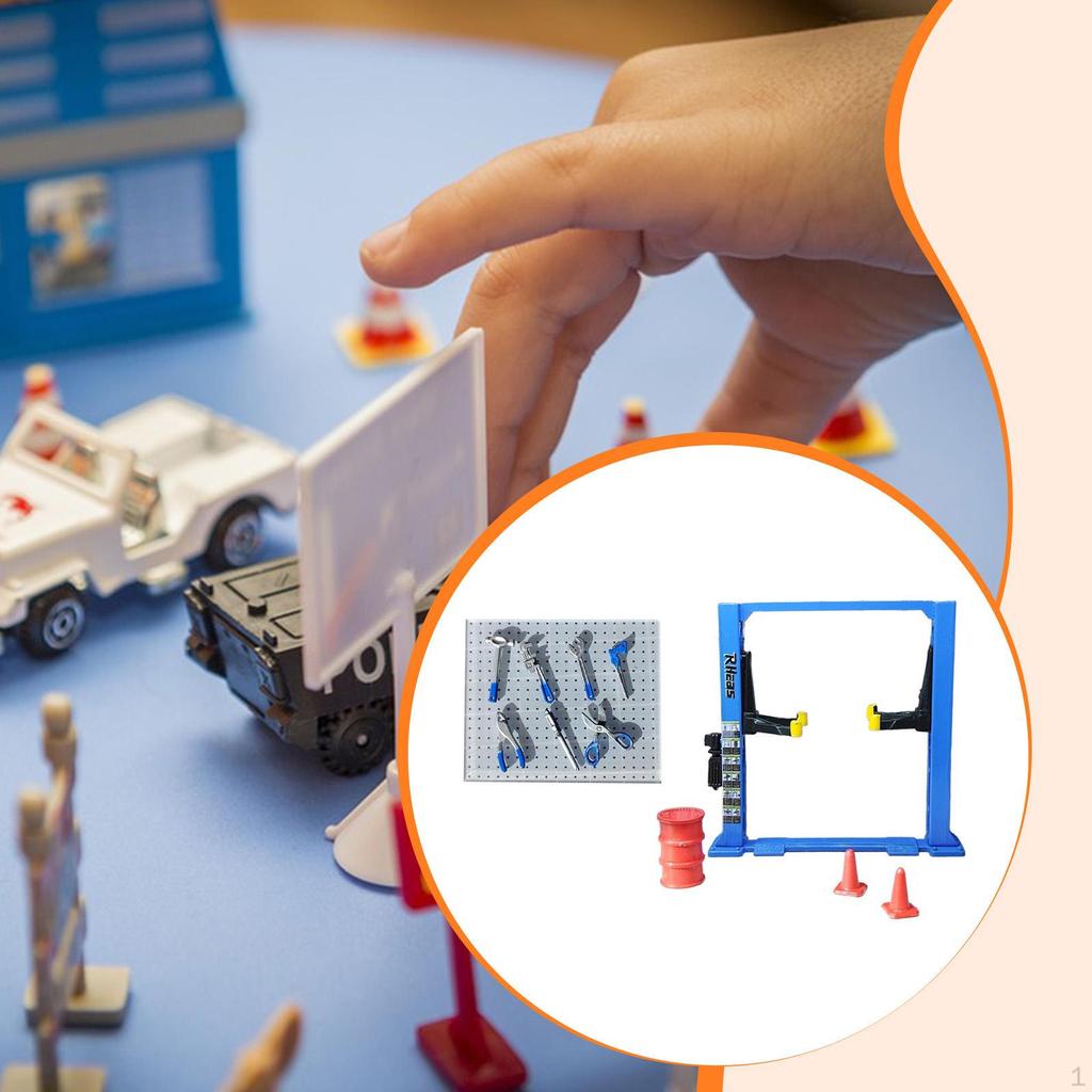 1/64 Diorama Car Garage Maintenance Tools Architecture Model Realistic Traffic Cones Lift Gantry