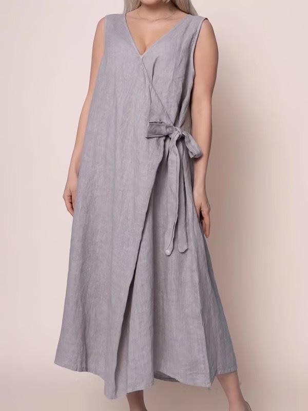 

Women s 2026 Summer Casual Lace-Up Solid Sleeveless Cotton Linen Dress S сірий колір