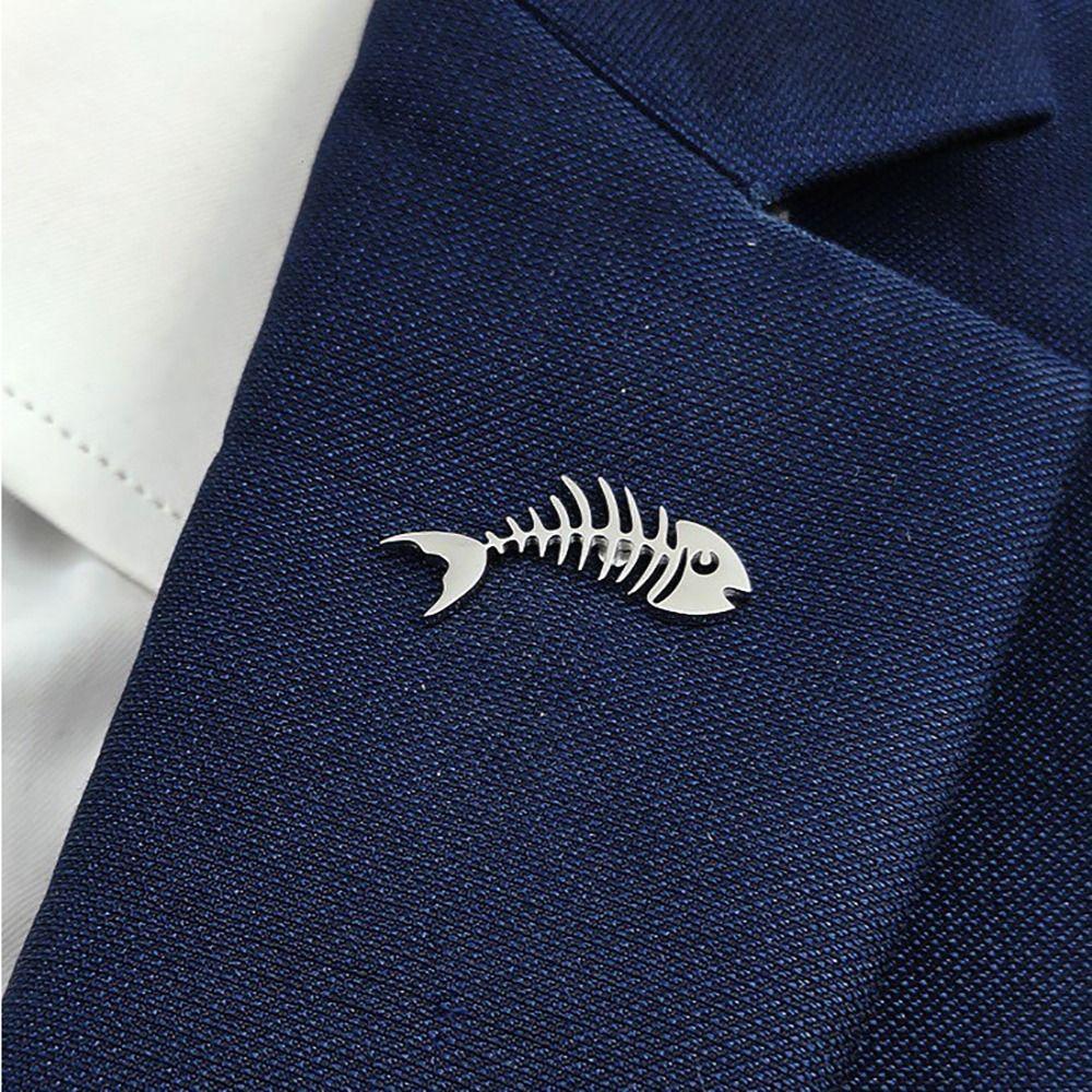Hollow Design Fish Bone Badge Stainless Steel Fish Skeleton Lapel Pin Suit Decoration