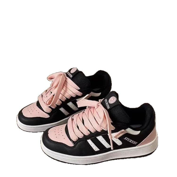 2025 New Black Pink Platform Bread Shoes Women's Ins Spring Popular Shoes Students Lightweight Casual Versatile Board Shoes