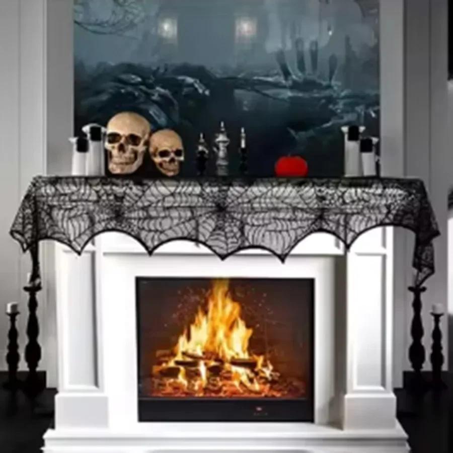 1/2pcs-Halloween Fireplace Cloth Black Lace Halloween Table Runner Halloween Cobweb Tablecloth Outdoor Party Decorative Cloth