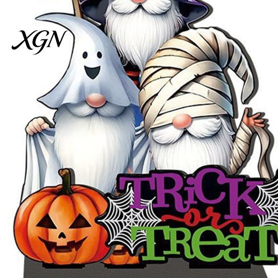 Festive Atmosphere Tabletop Decor Halloween Wooden Table Centerpiece, Decorative Sign Ornaments, 3D Layered Gnome Pumpkin Skeleton