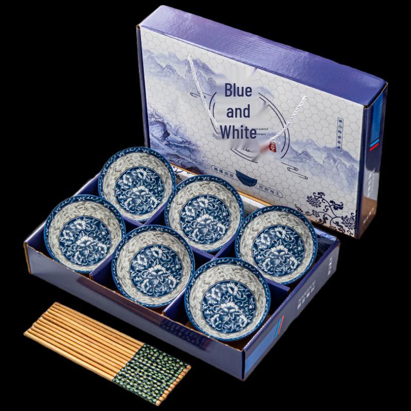Blue and White Ceramic Bowl and Chopstick Gift Set