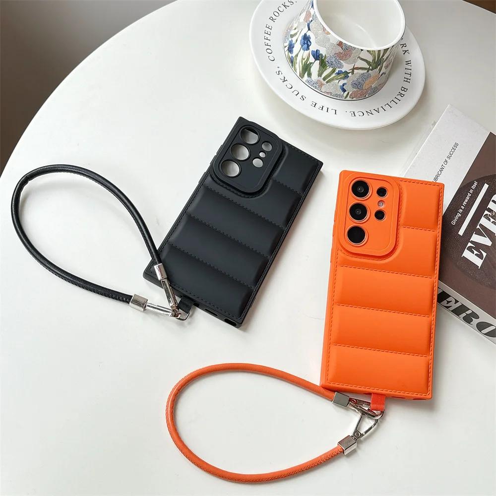 Down Jacket Style Wrist Strap Case For Samsung S25 Ultra S24 S23 S21 S20 FE S22 Plus + Note 20 A56 A55 A35 A26 A15 5G A06 A05S