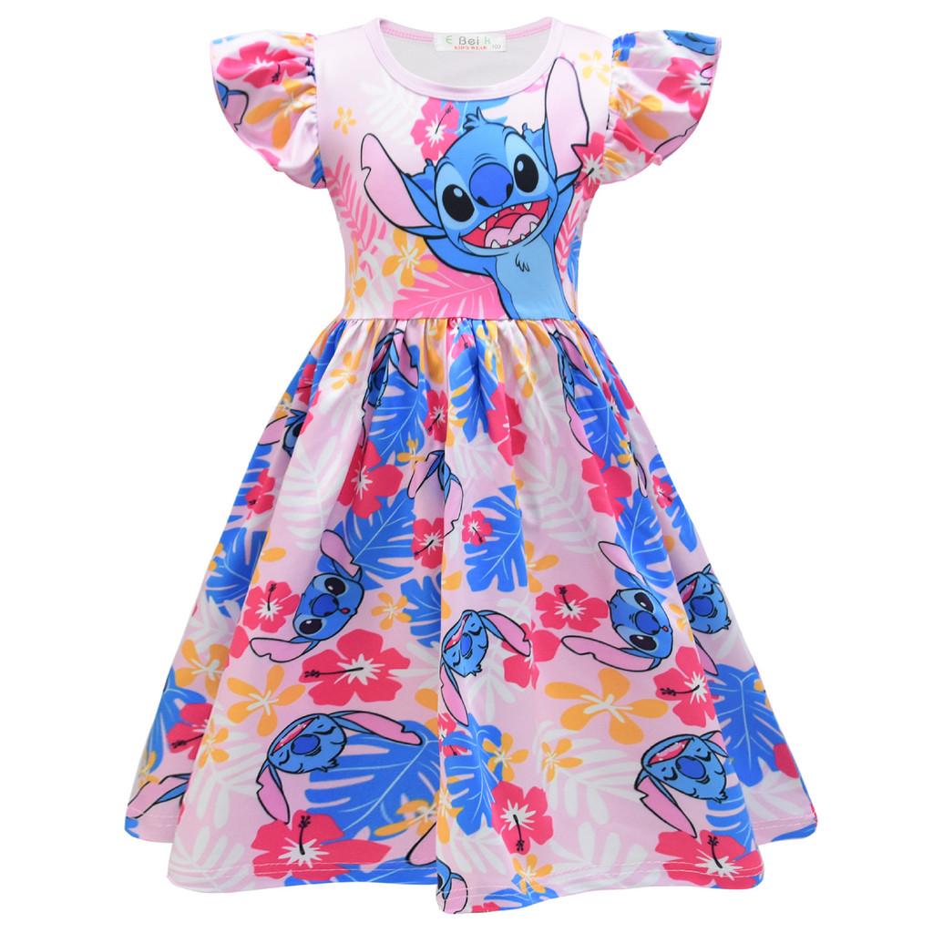 

Lilo And Stitch Girl Dress With Puffy Sleeves Summer Cotton Polyester For Ages 3 To 8 130cm