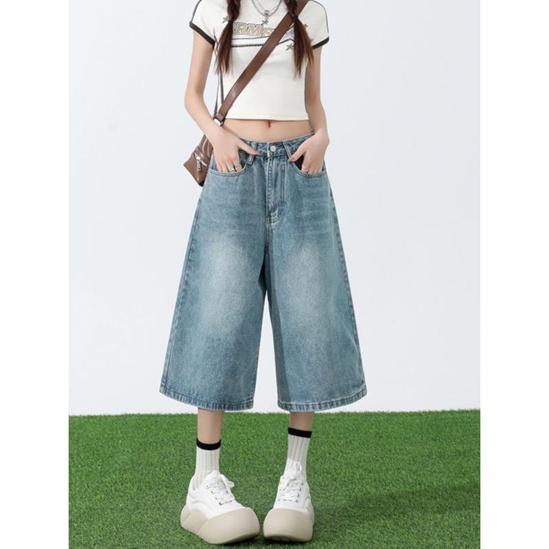 Women's Summer Vintage Simple Casual Denim Capri Pants Female Streetwear Y2K High Waist Loose Straight Wide Leg Jeans Pantalones