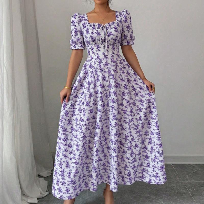 Ruffle Edge Dress Women Puff Sleeves Printed Slim Fit Spring Summer Size S-XXL
