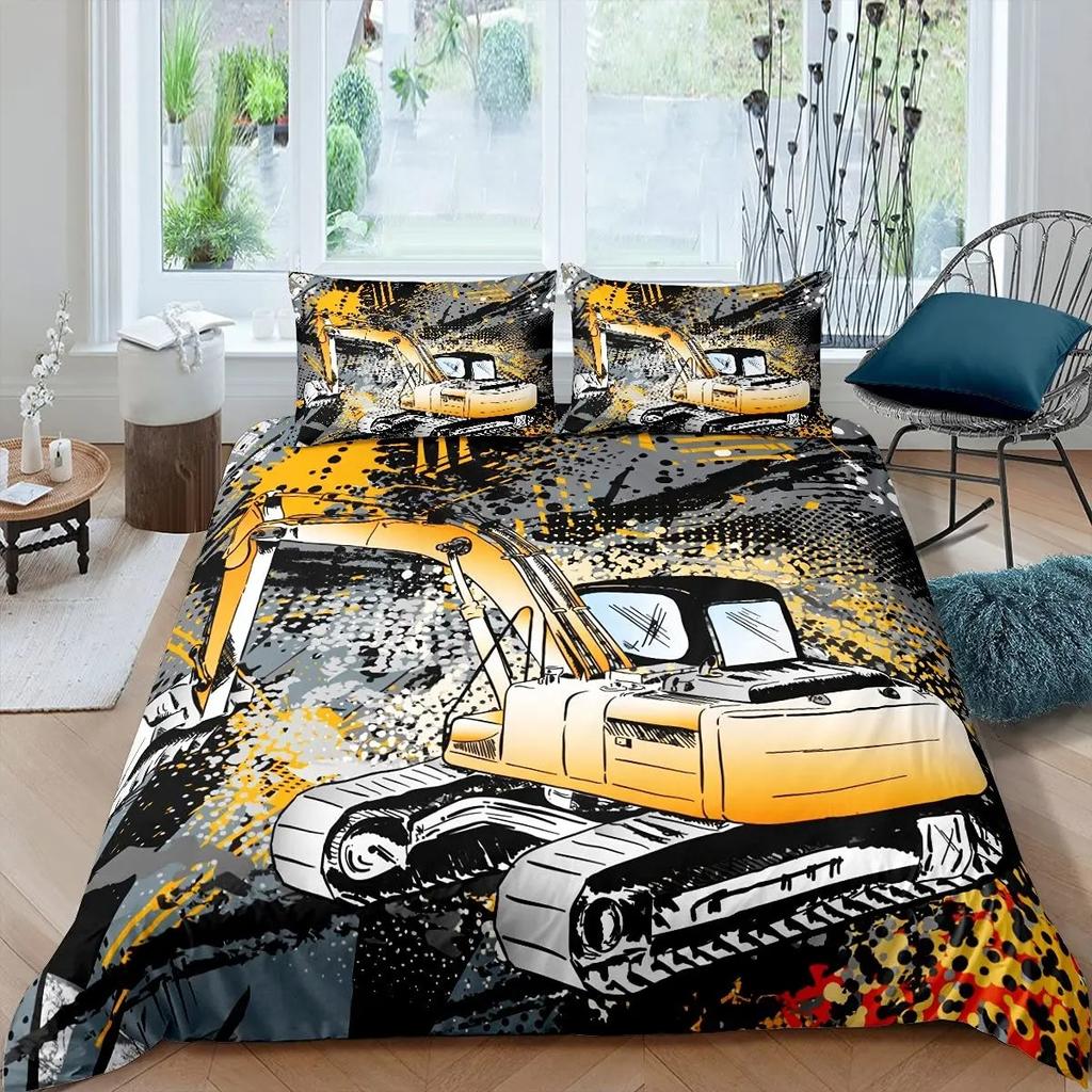 Excavator King Queen Duvet Cover Cartoon Construction Truck Bedding Set for Kids Boys Girls Tractor 2/3pcs Polyester Quilt Cover