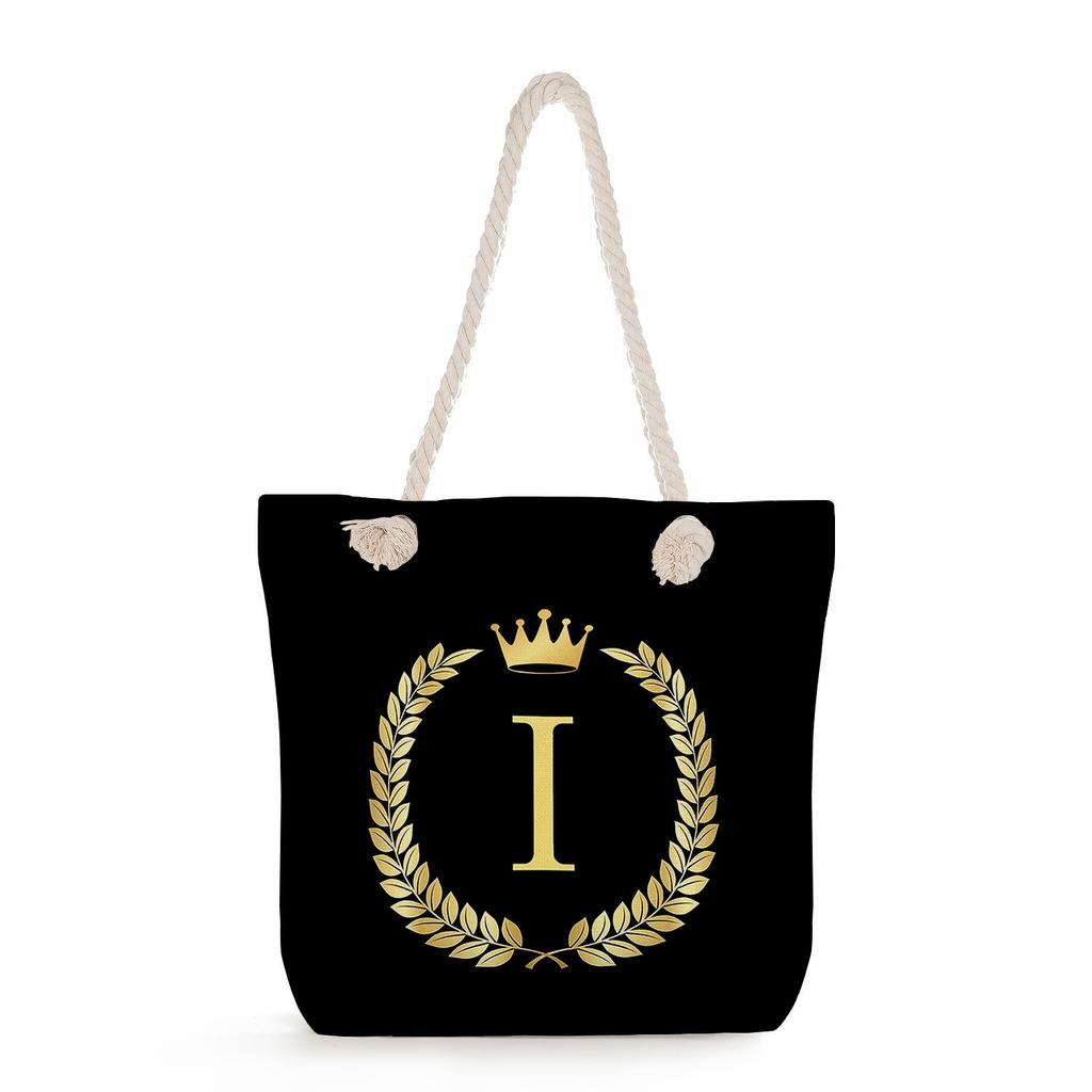 Black letters on a black background print thick rope single-shoulder beach bag 7289 CLE