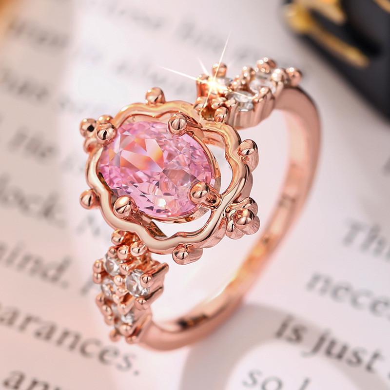 CopperLuxury Crystal Pink Zircon Oval Stone Flower Rings For Women Wedding Band Bridal Jewelry Engagement Gift