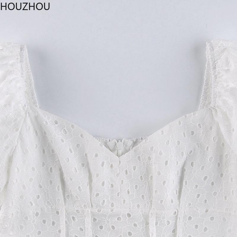 Hollow Black Dress Women V Neck Ruffles Pleated Dress Puff Sleeve Chic Black Summer Party Dress French Vintage Corset Ladies