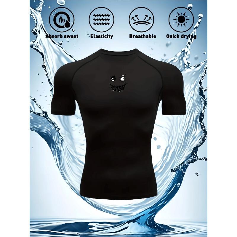 Men's Compression Shirt Quick Dry White Gym T-Shirt Black Grinning Monster Print Workout Sportswear