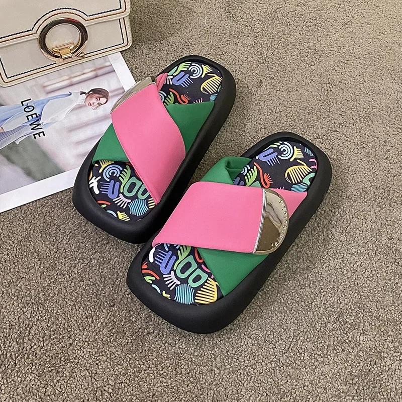 

Summer Women s Platform Sandal Slippers 2025 New Colorful Graffiti Cross Strap Slides Soft Bottom Outside Wear Roman Slippers 35 пастельні зелений колір