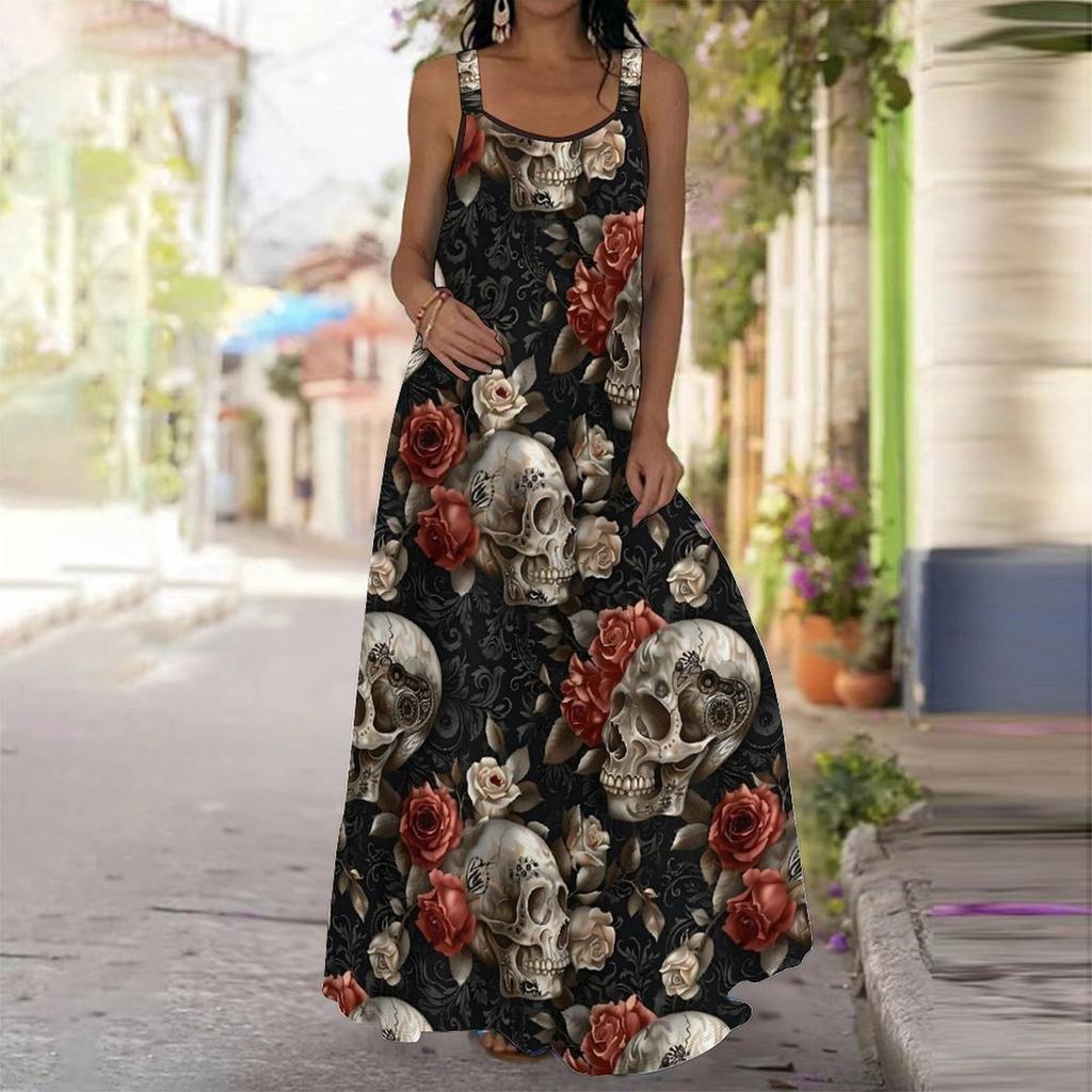 Women's Slip Dress Maxi Long Dress Skeleton Pattern Print Dress Spring & Summer Leisure Vacation