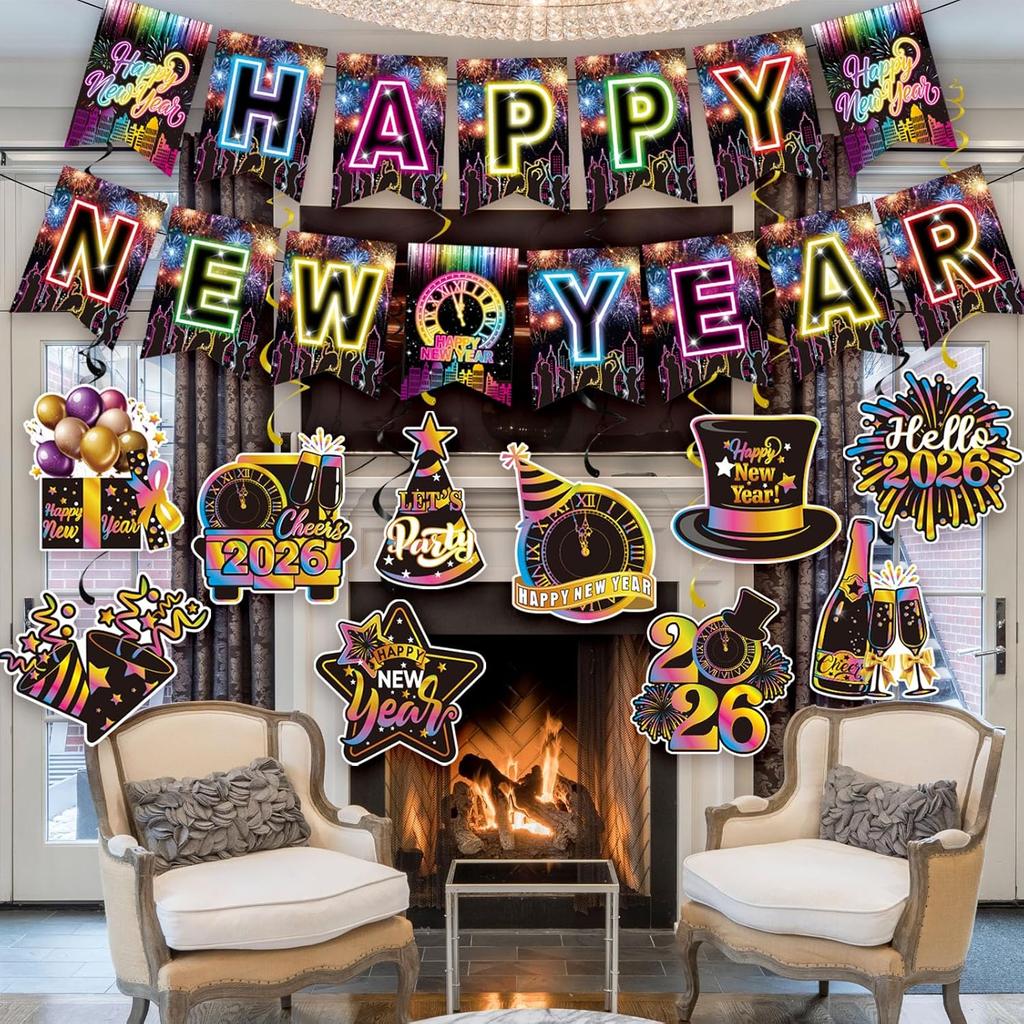 Colorful Happy New Year Banner & Hanging Swirls, Neon Themed 2026 Happy New Years Paper Banner Ceiling Swirl Streamers for New Years Eve Party