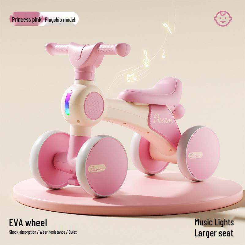 Children's Four-Wheel Balance Bike with Music and Lights, No Pedals, Ages 1-4.