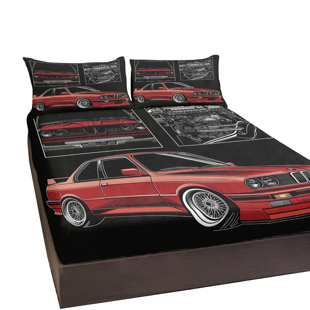 Red Car Pattern 3-Piece Bed Set For Resumption Of Work, With Two Pillowcases, Suitable For Living Room And Bedroom (Fun, Retro)