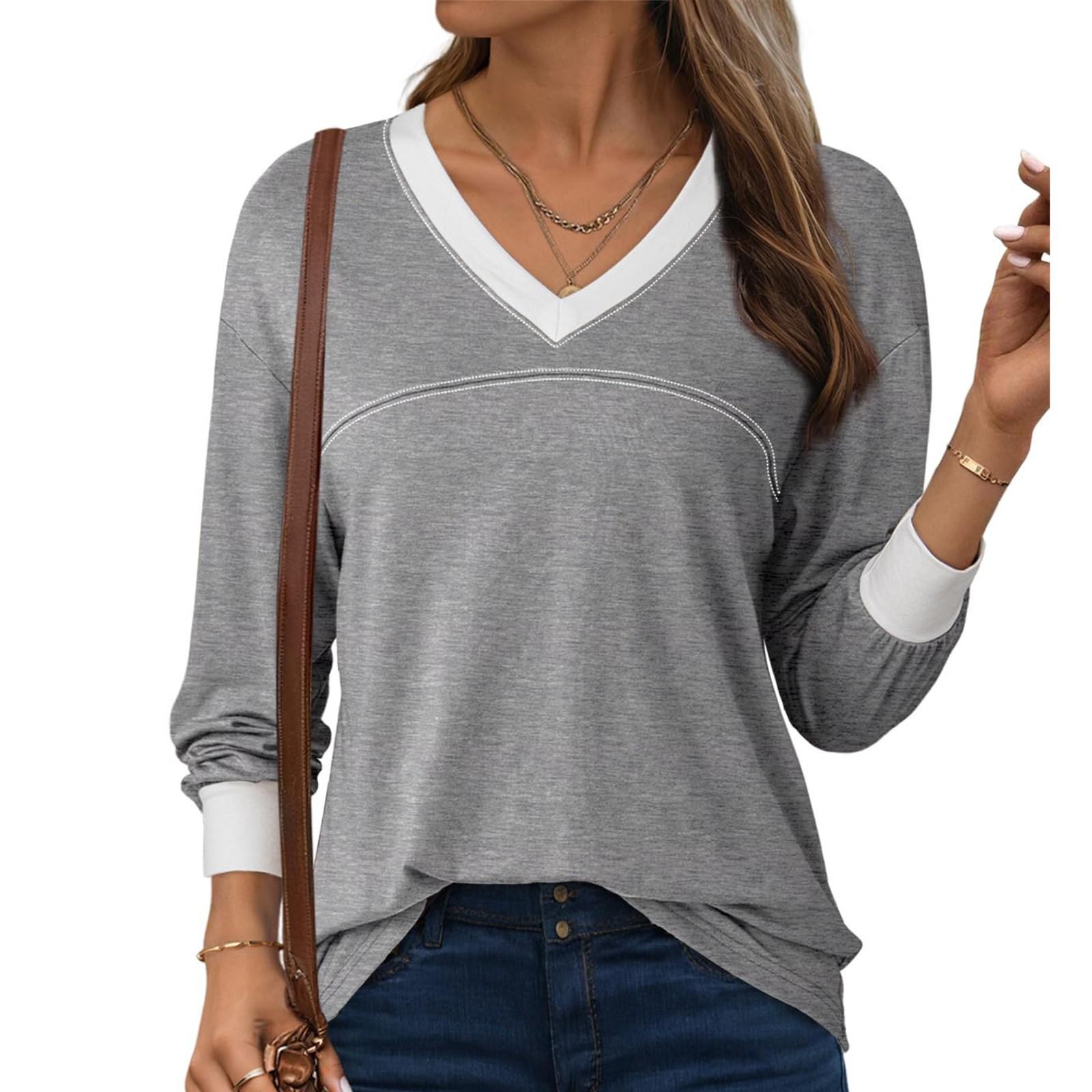 

Женский повседневный и модный однотонный топ с V-образным вырезом и длинными рукавами Топ с длинными рукавами L