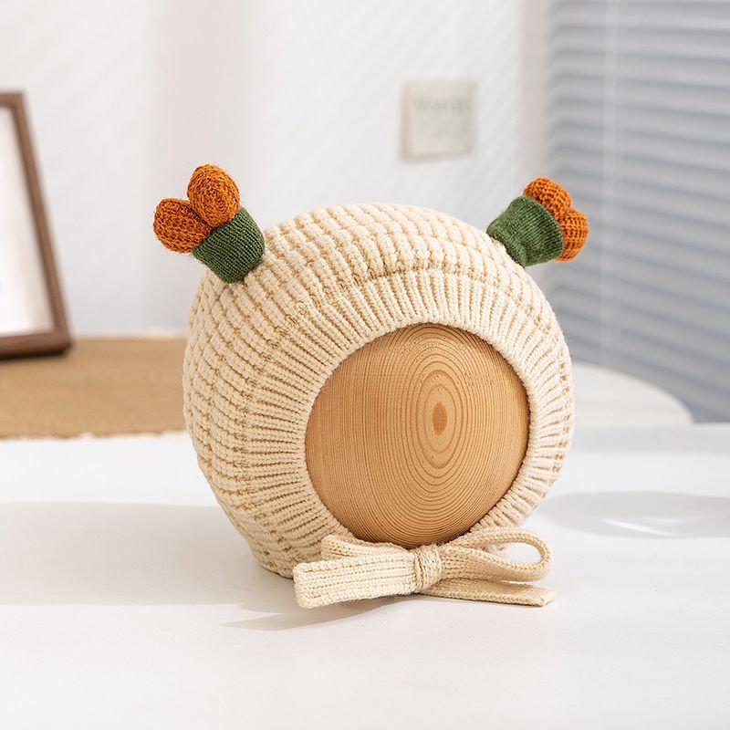 

Дитяча зимова шапка в корейському стилі, унісекс, мила ручної в язки вовняна шапка із захистом для вух та зав язками для немовляти/малюка One size