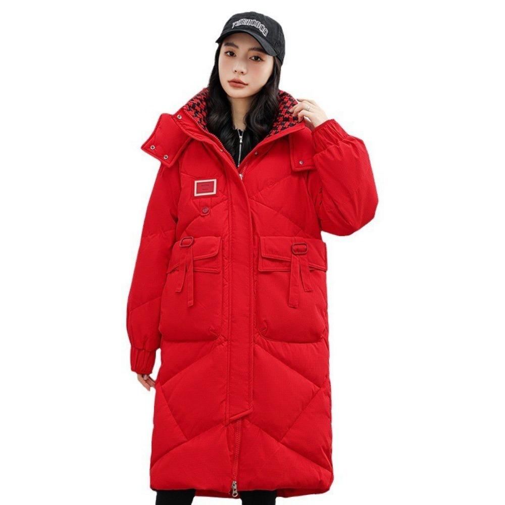 

Loose fashion straight hooded down cotton-padded jacket for women s medium and long thickened cold-proof cotton-padded jacket M красный