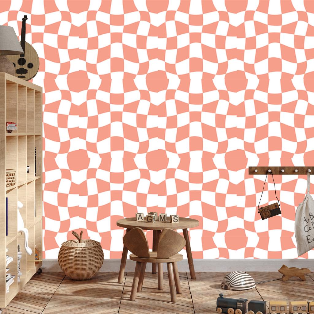Wallpaper Casual Checkerboard Coral, White and Peach 50x1000