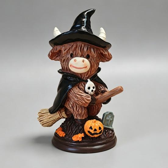 Highland Cow Figurine, Halloween Witch Pumpkin Skull Cow Statue, Resin Scottish Ornament for Calf Lovers, Shelf, Tiered Tray, Mantel, Tabletop Decor