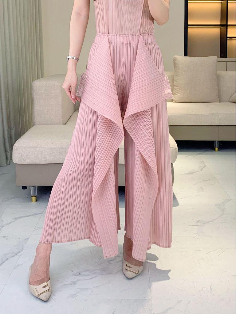 Elegant Summer Two-Piece Set: Irregular Top & Seaweed Wide-Leg Pants for Women