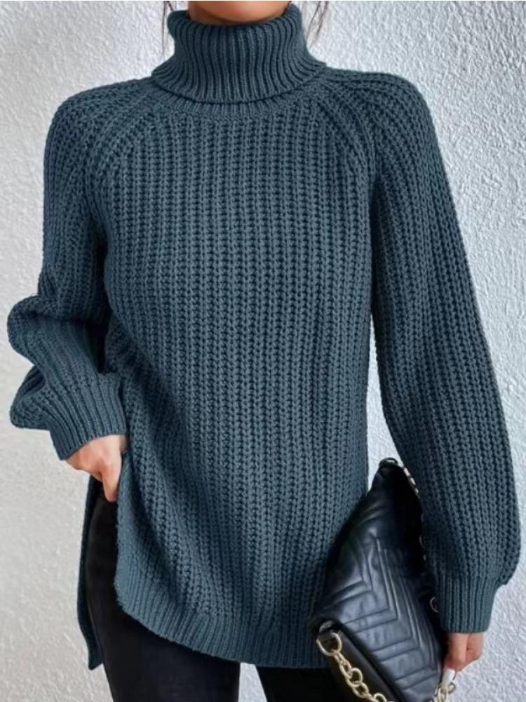 Autumn Winter Knitwear Mid Length Raglan Sleeve High Collar Split Hem Sweater Dress Luxurious Relaxed-fit Slimming and Versatile Top