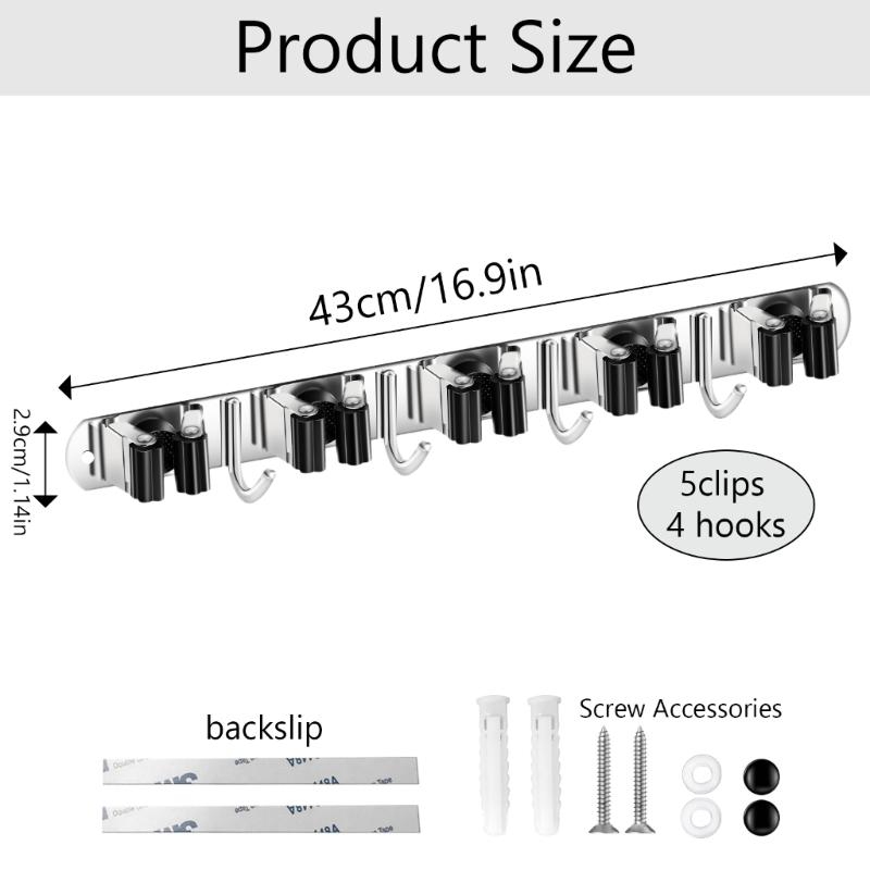 Wall Mounted Rack Space Saving Brooms Organizer Storage Solution for Bathroom