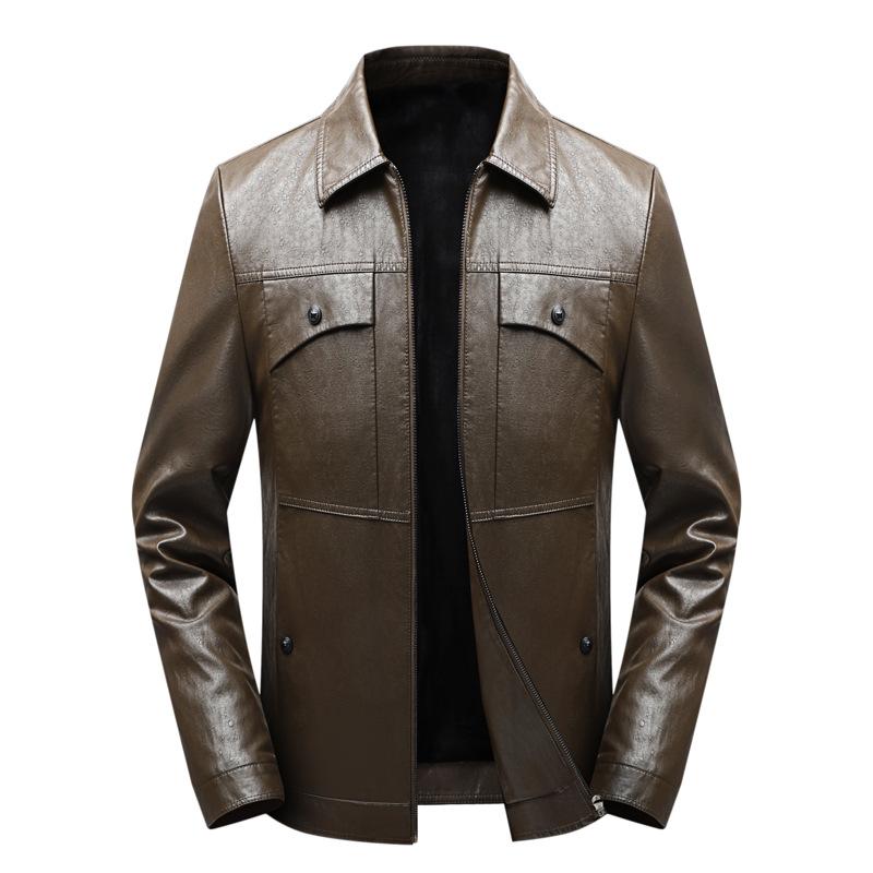 New Men's Leather Jacket Thin Velvet Multi-pocket Multi-color Lapel Middle-aged Leather Jacket Men's Motorcycle Leather Jacket Men's Clothing