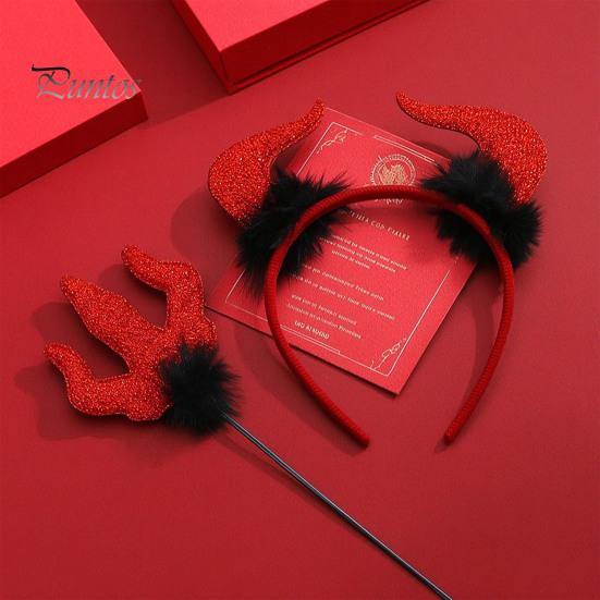 Halloween Costume Accessories Red Devil Costume, Glitter Horn Headband And Trident Prop Glittery Kit for Cosplay, Masquerade Party Performance Adults