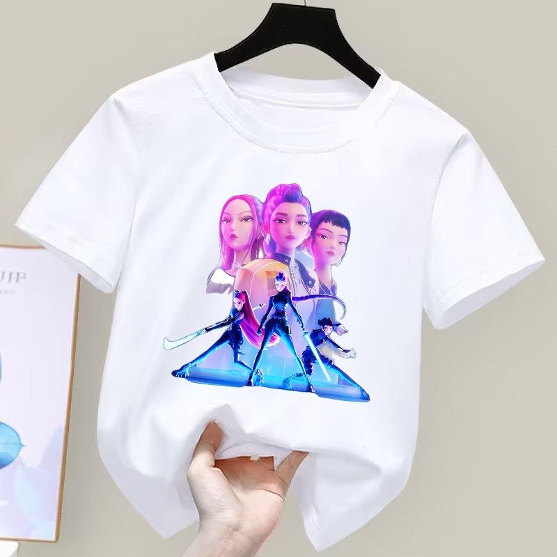Summer Casual Children's K-pop Demon Hunter Short-sleeve T-shirt with Cartoon Print, for Boys and Girls